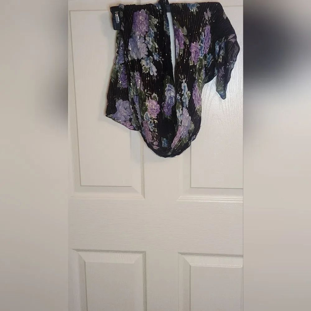Unbranded Black Flowers Print Metalic Thread Women's Scarf 12"×56"